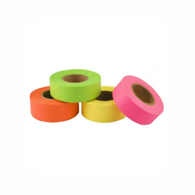 Rolls of flagging tape set on a white background showing off the different colors which are flo pink, orange, lime, and yellow