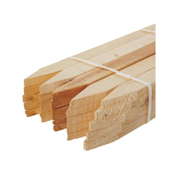 Durable, long-lasting stakes are cut from pine. Points are saw-formed to ensure all sides are equal so stakes drive straight. Wooden stakes milled in the USA, smooth finish with minimal knots. Note: Due to manufacturing tolerances, the dimensions of these items may not be