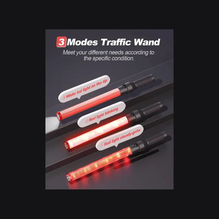 21" Safety Lighted Traffic Wand has 3 modes including a white LED tip, red light blinking, and a red light steady glow