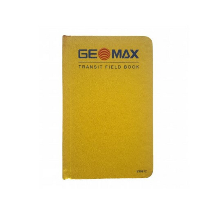 GeoMax Transit Field Book Model Number: 839912 Features: Rain Resistant Fine Quality Ledger Paper Hard-Bound in high visibility chrome yellow coated fabric 80 leaves in water proof ink Appendix of 11 tables of conversions, trigonometric functions, and formula for solving right angles and curves Left hand pages have 4 per inch blue horizontal line and five red vertical lines Right hand page has 8 vertical and 4 horizontal blue lines with a red vertical center line Book Measures: 4-1/2 x 7-1/4