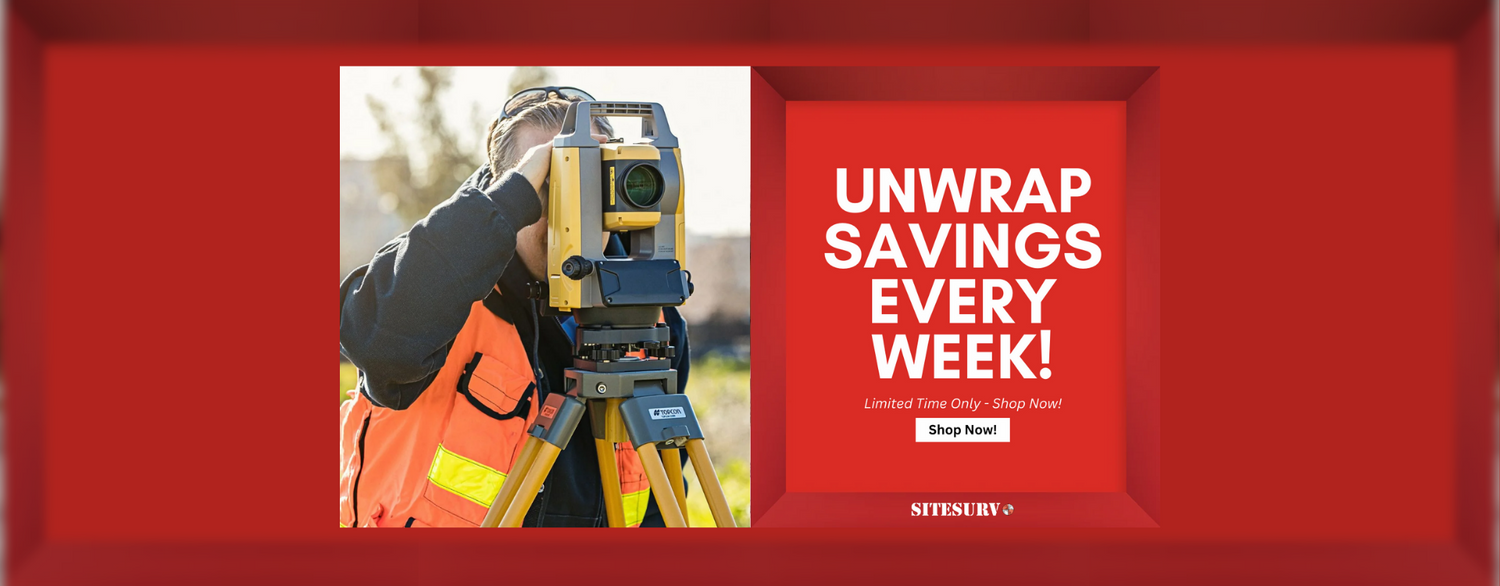 Home page banner featuring a surveyor working in the field with a Topcon Total Station on a Topcon tripod. Text overlay reads 'UNWRAP SAVINGS EVERY WEEK! Limited Time Only - Shop Now!' with a 'Shop Now' button for limited-time savings on surveying equipment.