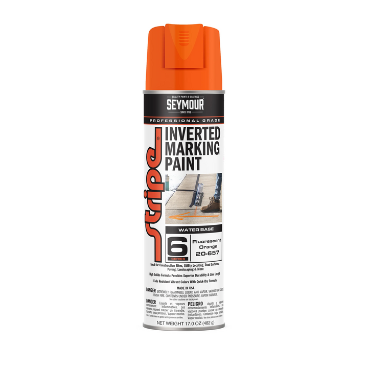 Seymour marking paint fluorescent orange paint can on white background