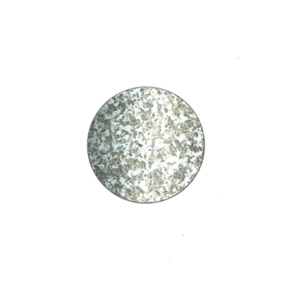 Round, textured silver object known as a tin tab used for surveying on a white background