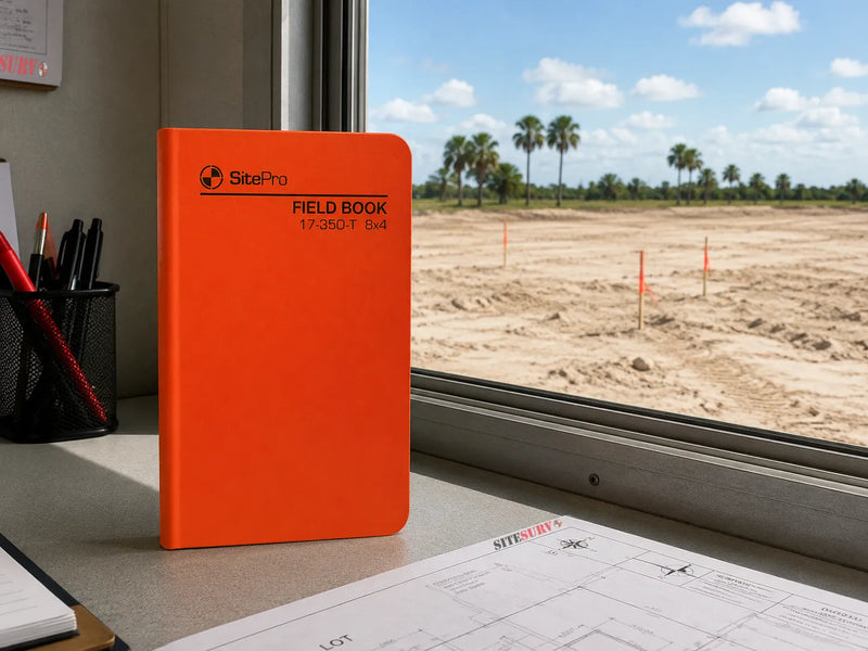 SitePro orange survey field book on desk overlooking construction site