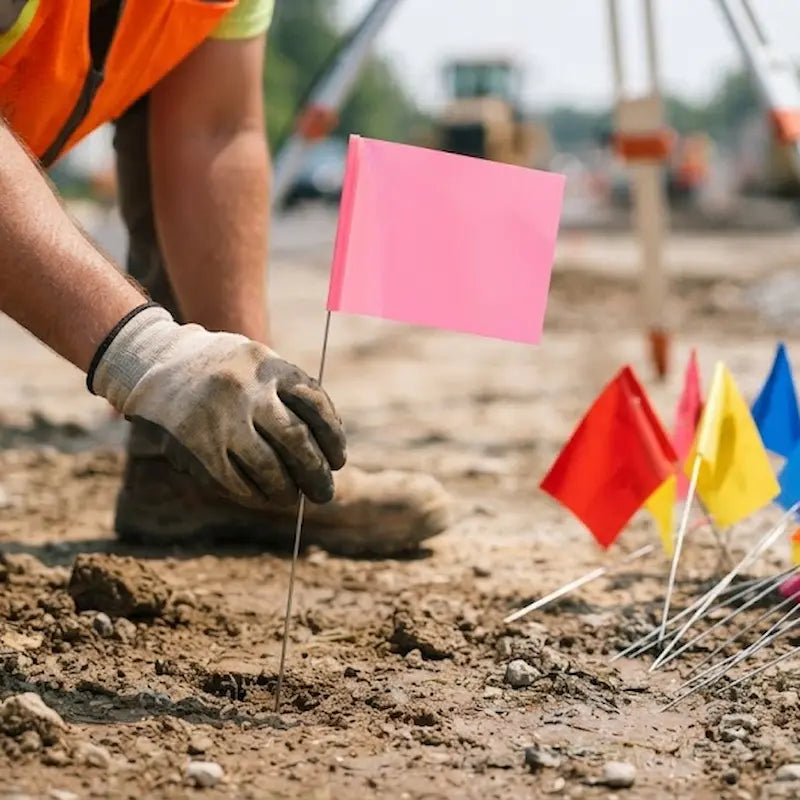 A construction worker wearing a high-visibility orange vest and a white work glove inserts a small pink wire flag into the dirt on a construction site. Other colorful flags are visible in the background.