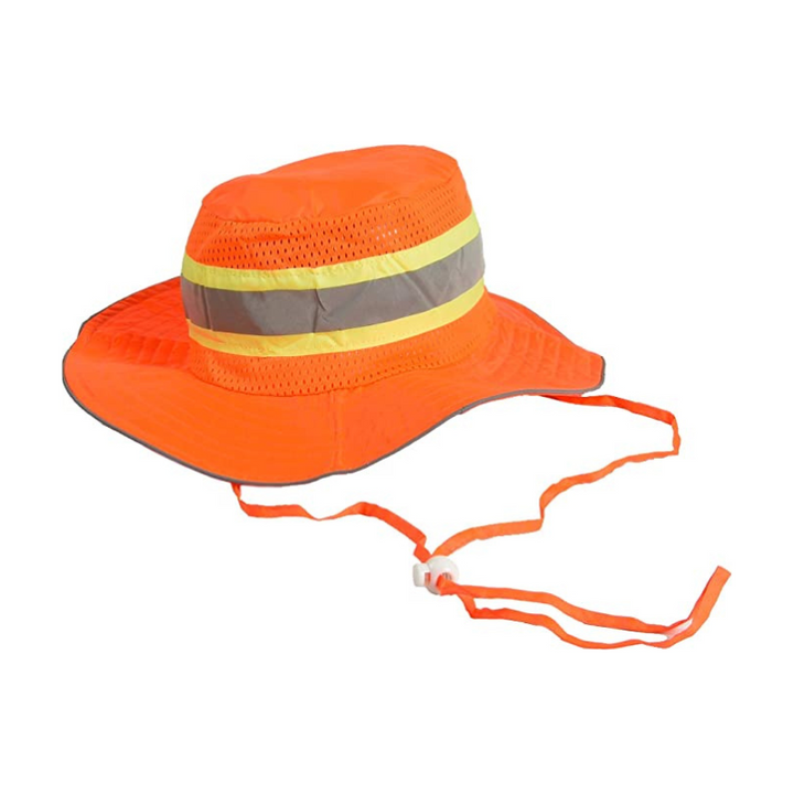 DS Booney Hat - Orange With Lime/Silver Stripe 1" Reflective Tape 2" Lime Contrasting Fabric Adjustable Neck Strap