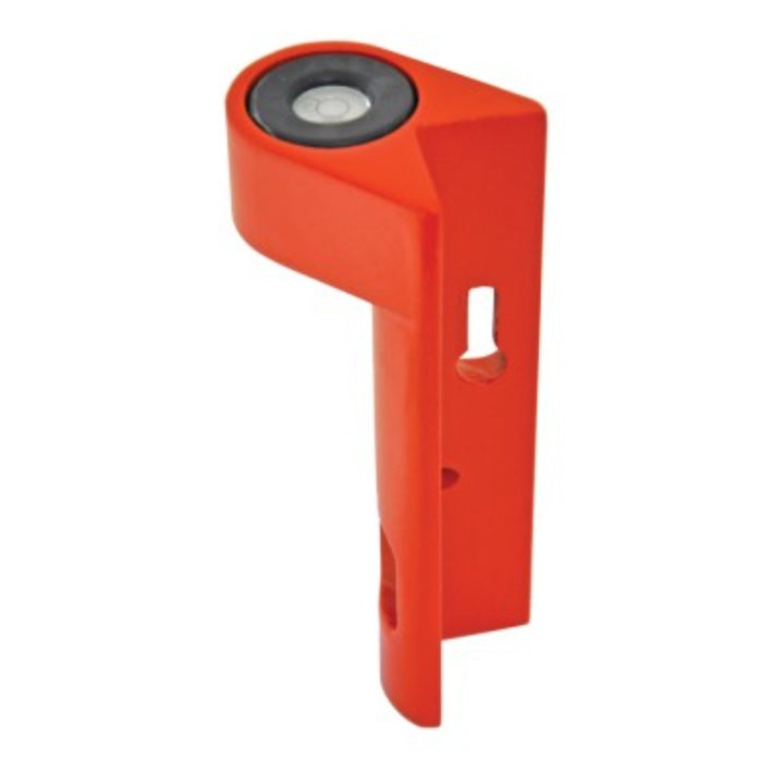 Geomax 833650  Strong aluminum housing, quickly level your leveling rod with convenience. Large, easy to read 10-min bubble vial.   The rod level includes a 20-minute circular vial Heavy-duty frame is made of a strong aluminum die casting, painted a bright orange.  The vial is securely mounted into a recessed black housing. 