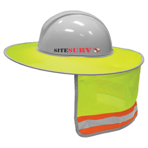 Sitesurv Hard Hat Sunshield W/ Neck Protector-Lime  The Full-Brim hard Hat Sun Shield provides protection from the sun while giving a bit of extra visibility at the same time. Made from 100% polyester, it's very light and breathable for all-season use. Features 1/2-inch reflective striping and reflective edge accents. Available in orange or lime, one size fits all.
