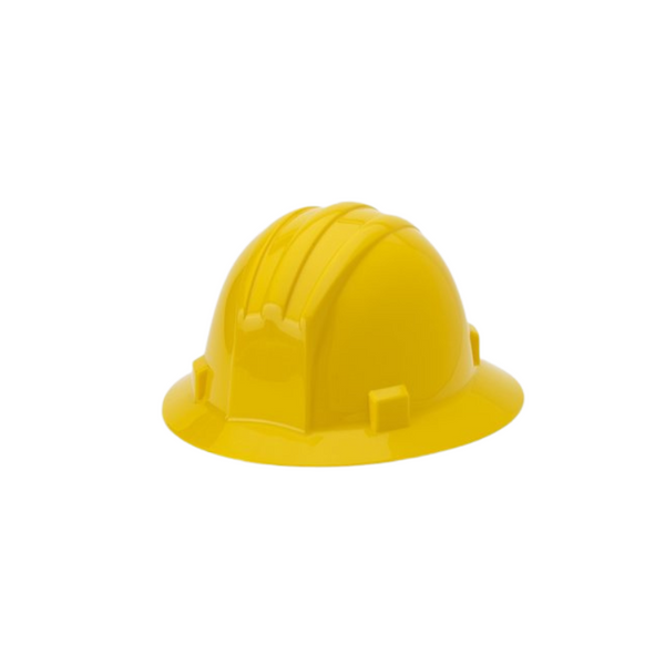 Mutual Industries Full brim yellow hardhat constructed from polyethylene material features strong, lightweight and durable construction. Mutual Industries Full brim yellow hardhat features comfortable adjustable ratchet suspension for a secure fit. Hat offers protection from UV rays on ears and back of neck.