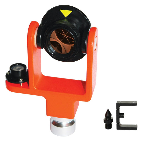 SitePro Mini Prism System, Side-Mounted Vial Orange   0/-30mm mini prism system with side mounted bubble vial design. The 25mm prism is copper-coated and anodized sealed 25mm copper coated prism with black anodized sealed aluminum can 0/-30mm offset tilting prism assembly 5/8-11 mounting thread 40-min adjustable circular side-mounted vial