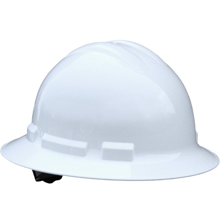 White Full Brim Hat 6 Point Model: Full Brim Style 6 Point  Shell constructed from High Density Polyethylene materials Low Profile design Rain trough on sides and back of helmet channel moisture away. Meets ANSI Z89.1-2009 Standards, Type I, Class C, G, and E